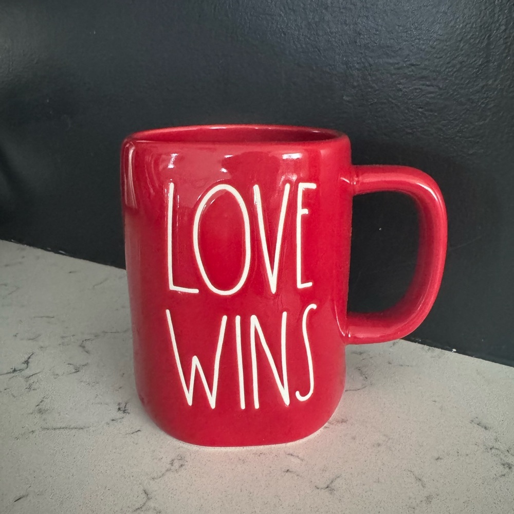 Rae Dunn Red Ceramic Mug with Love Wins Design